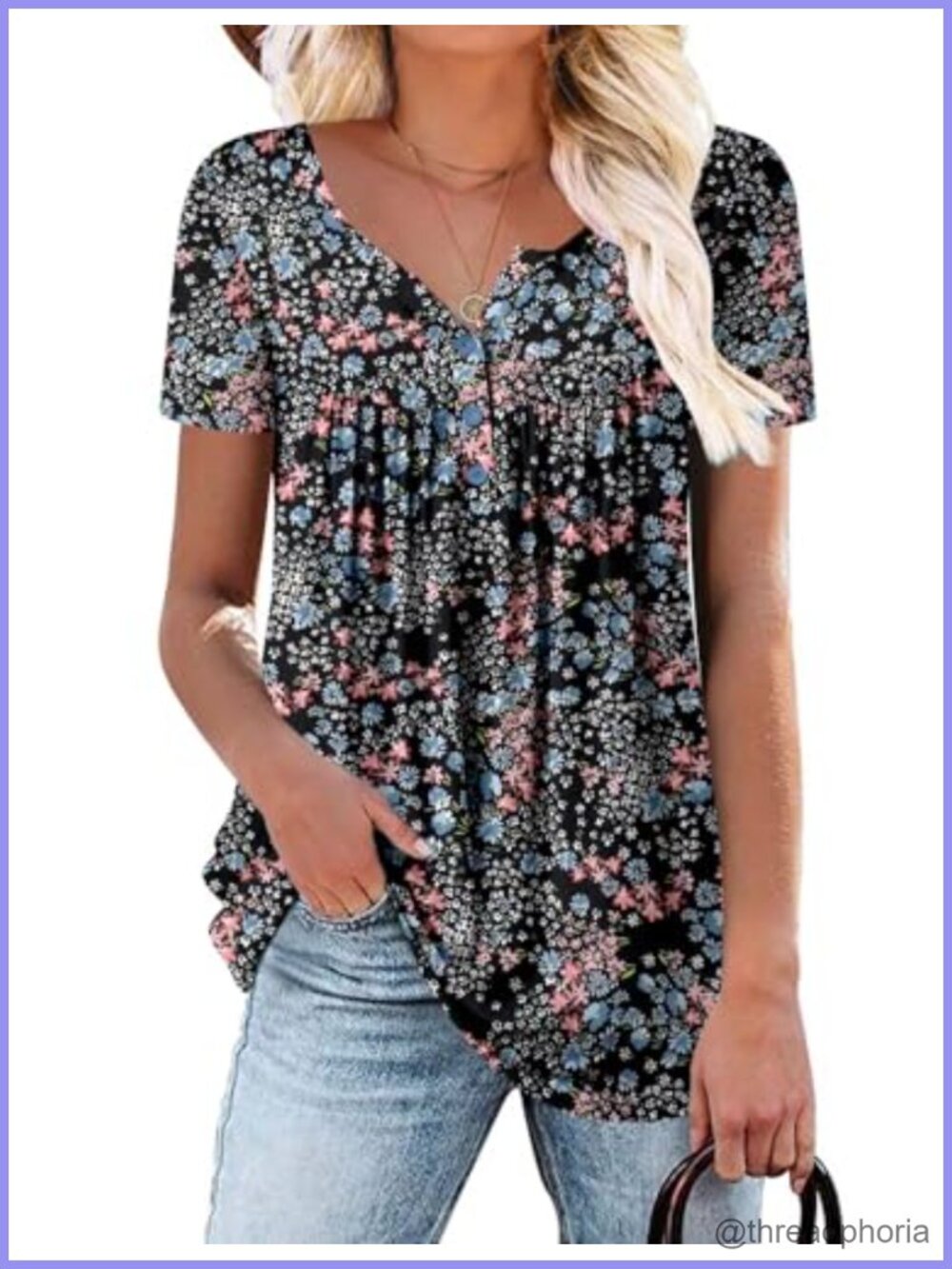 Womens Floral Tunic Top V-Neck Short Sleeve Loose Fit Blouse for Leggings